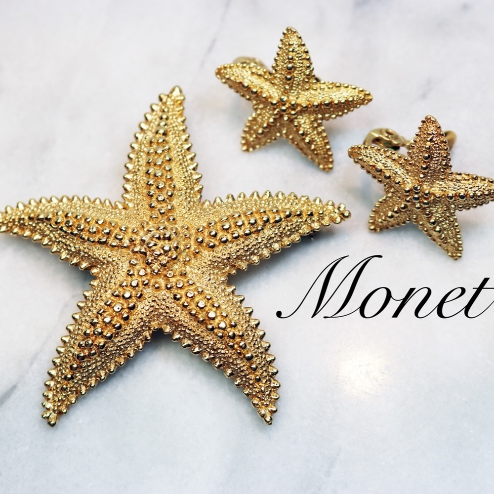 Vintage Monet Starfish Parure - Triple Gold Plated Clip-on Earrings & Brooch EUC - Picture 7 of 16